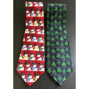 Holiday Necktie Novelty Snowman and Christmas Tree Ties 100% Silk USA Lot of 2